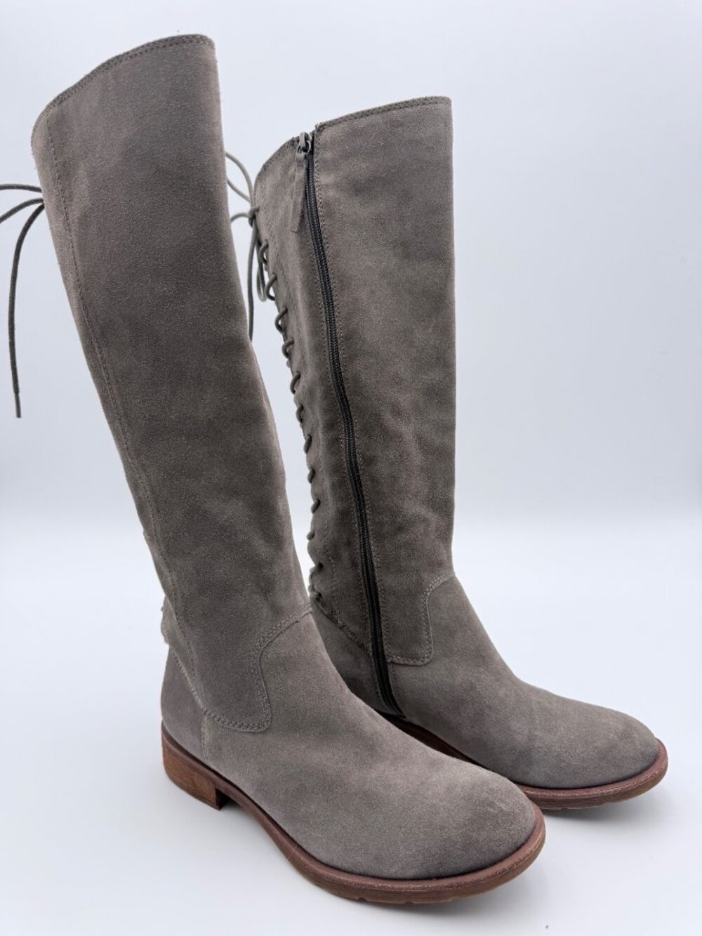 Söfft Women’s Knee-High Gray Suede Boots Back Lace-Up Side Zipper Leather 7.5M